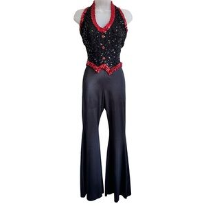Vintage 90’s Curtain Call Black Red Sequins Halter Flare‎ Jumpsuit Dance Costume